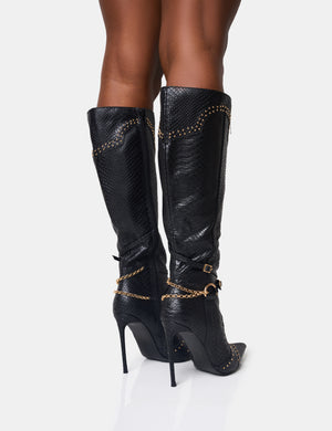 Main Character Embellished Vintage Black Pointed Toe Stiletto Boots Public Desire