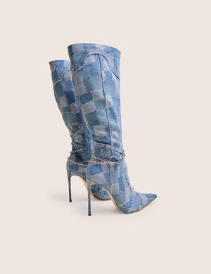 Main Character Embellished Denim Patchwork Pointed Toe Stiletto Boots