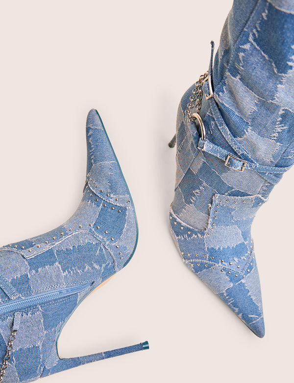 Main Character Embellished Denim Patchwork Pointed Toe Stiletto Boots