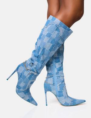 Main Character Embellished Denim Patchwork Pointed Toe Stiletto Boots
