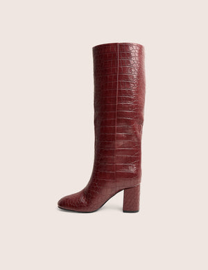 Maison Burgundy Croc Pu Knee High Block Heeled Boots