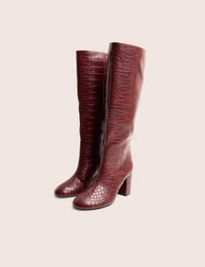 Maison Burgundy Croc Pu Knee High Block Heeled Boots