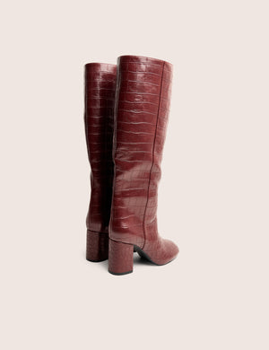 Maison Burgundy Croc Pu Knee High Block Heeled Boots