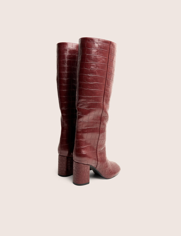 Maison Burgundy Croc Pu Knee High Block Heeled Boots