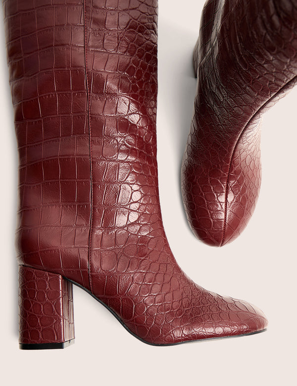 Maison Burgundy Croc Pu Knee High Block Heeled Boots