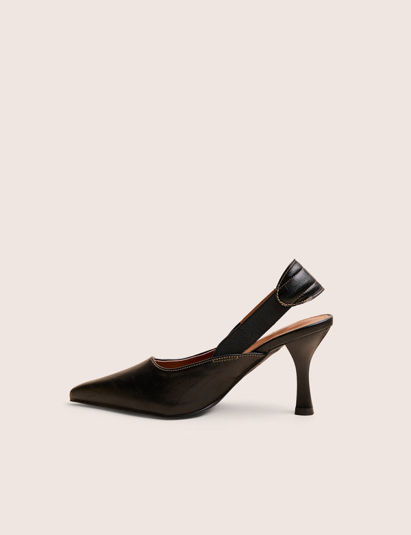 Malia Vintage Black Fold Over Detail Cushioned Slingback Court Heels