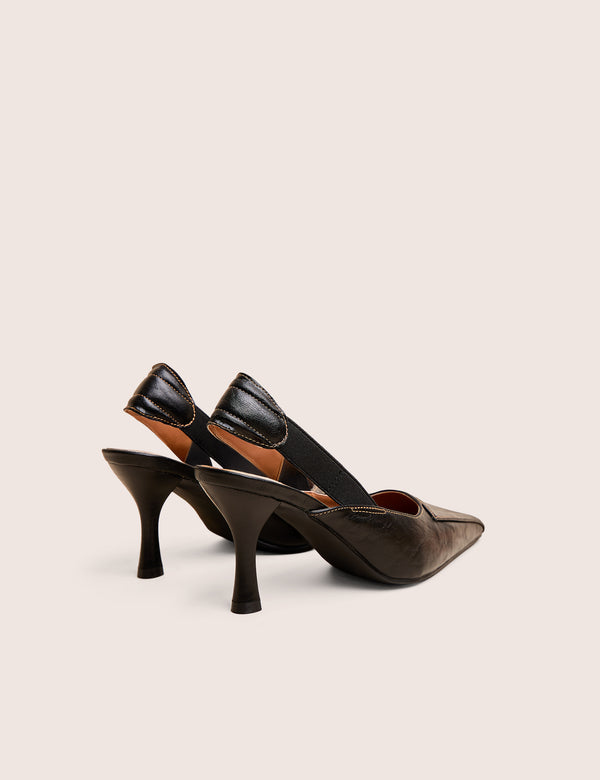 Malia Vintage Black Fold Over Detail Cushioned Slingback Court Heels