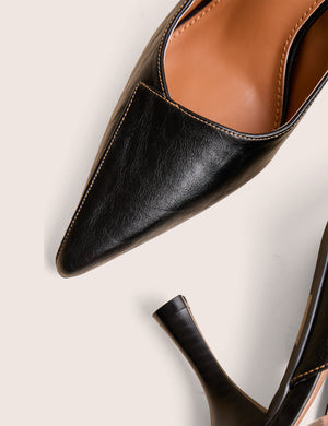 Malia Vintage Black Fold Over Detail Cushioned Slingback Court Heels