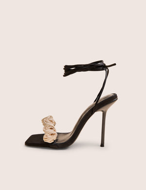Marigold Black Satin Cream Rose Detail Lace Up Heels
