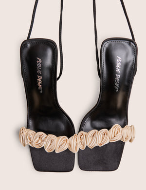 Marigold Black Satin Cream Rose Detail Lace Up Heels