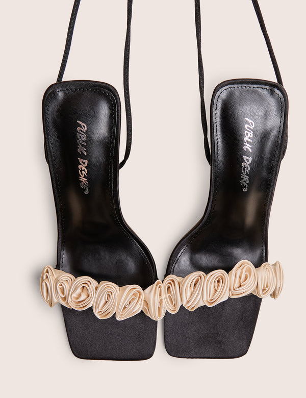 Marigold Black Satin Cream Rose Detail Lace Up Heels