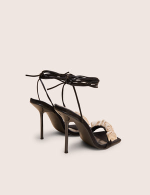 Marigold Black Satin Cream Rose Detail Lace Up Heels