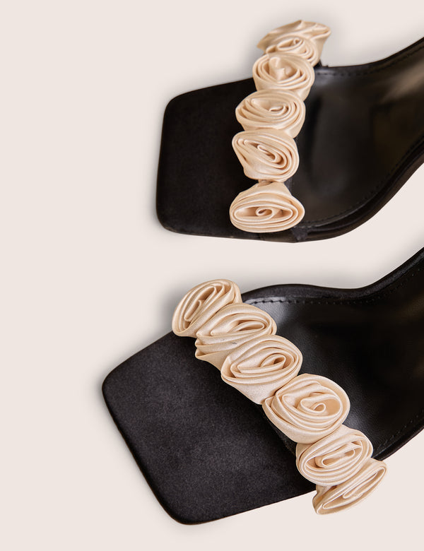 Marigold Black Satin Cream Rose Detail Lace Up Heels