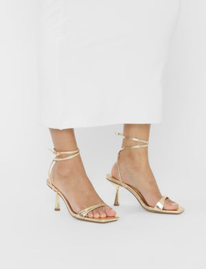 Mawu Cracked Gold Pu Strappy Barely There Mid Heels