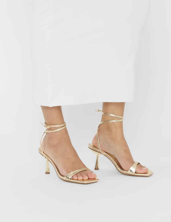 Mawu Cracked Gold Pu Strappy Barely There Mid Heels
