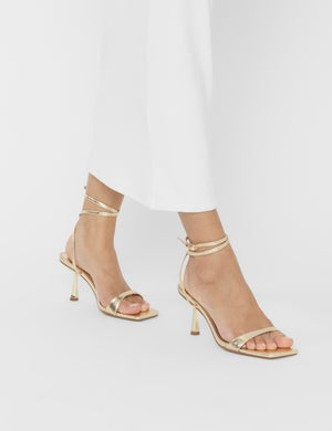 Mawu Cracked Gold Pu Strappy Barely There Mid Heels