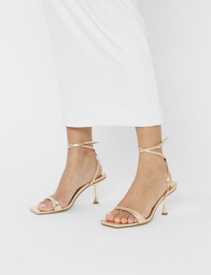 Mawu Cracked Gold Pu Strappy Barely There Mid Heels