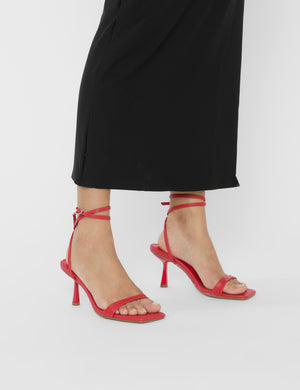 Mawu Red Pu Strappy Barely There Mid Heels