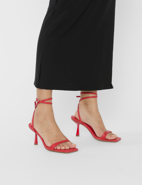 Mawu Red Pu Strappy Barely There Mid Heels