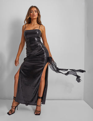 Rose Detail Sequin Maxi Dress Black