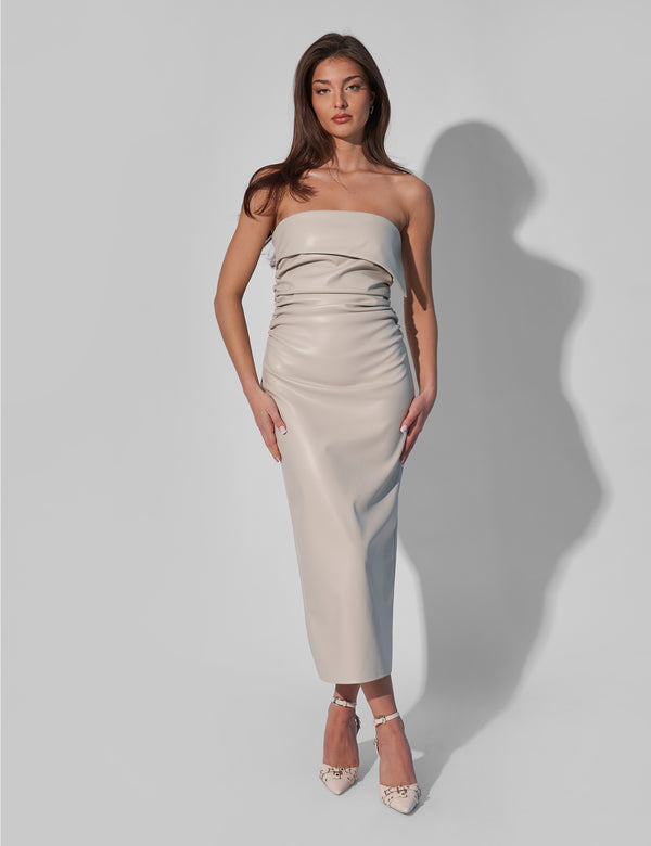 Kaiia Leather Look Ruched Bandeau Midaxi Dress in Ecru