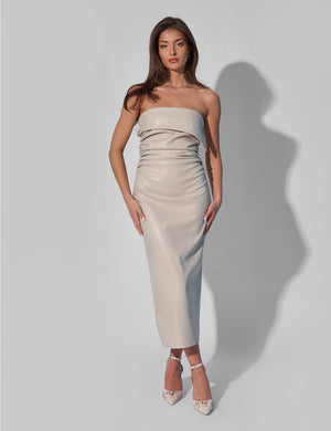 Kaiia Leather Look Ruched Bandeau Midaxi Dress in Ecru