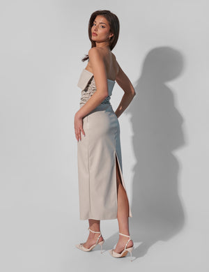 Kaiia Leather Look Ruched Bandeau Midaxi Dress in Ecru