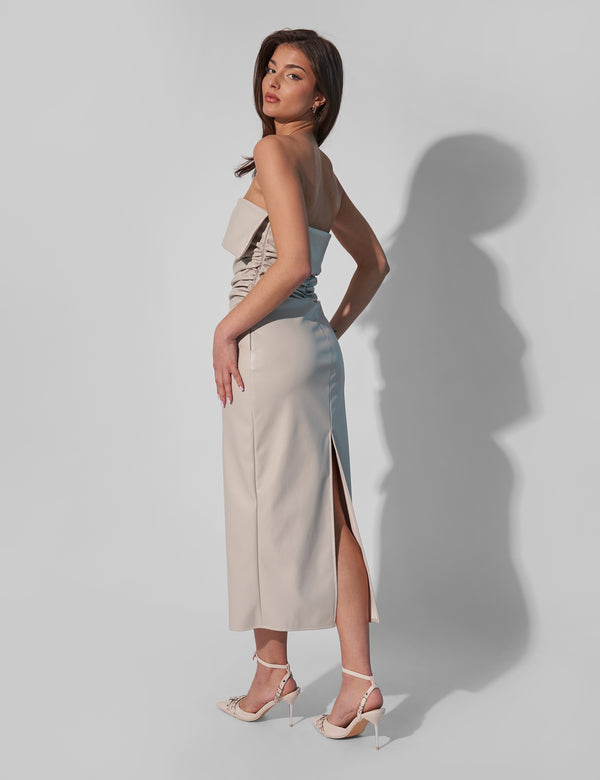 Kaiia Leather Look Ruched Bandeau Midaxi Dress in Ecru