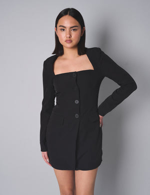 Kaiia Square Neck Long Sleeve Tailored Dress Black