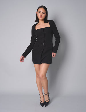 Kaiia Square Neck Long Sleeve Tailored Dress Black