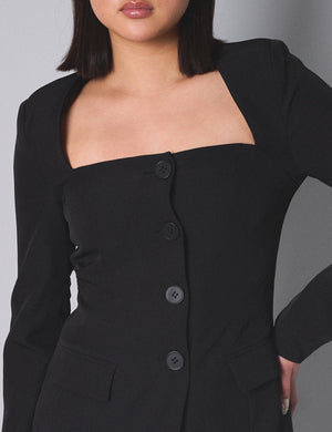 Kaiia Square Neck Long Sleeve Tailored Dress Black