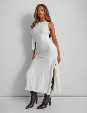 Kaiia Slinky Ruched Drape Detail Midi Dress in White