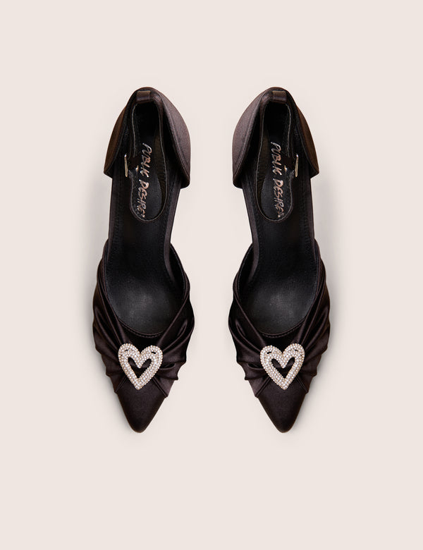 Meant to Be Black Satin Diamante Heart Court Stiletto Heel