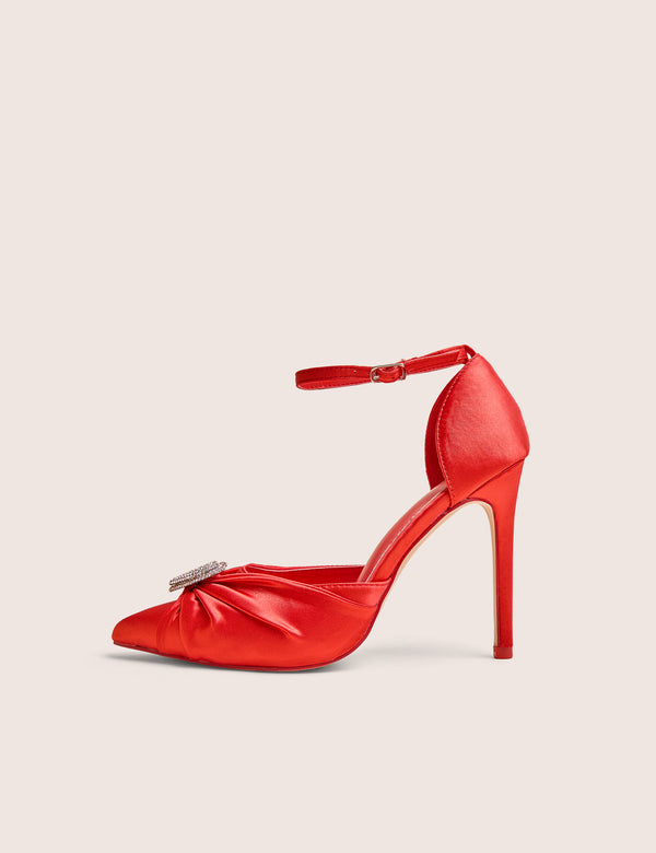 Meant to Be Red Satin Diamante Heart Court Stiletto Heel