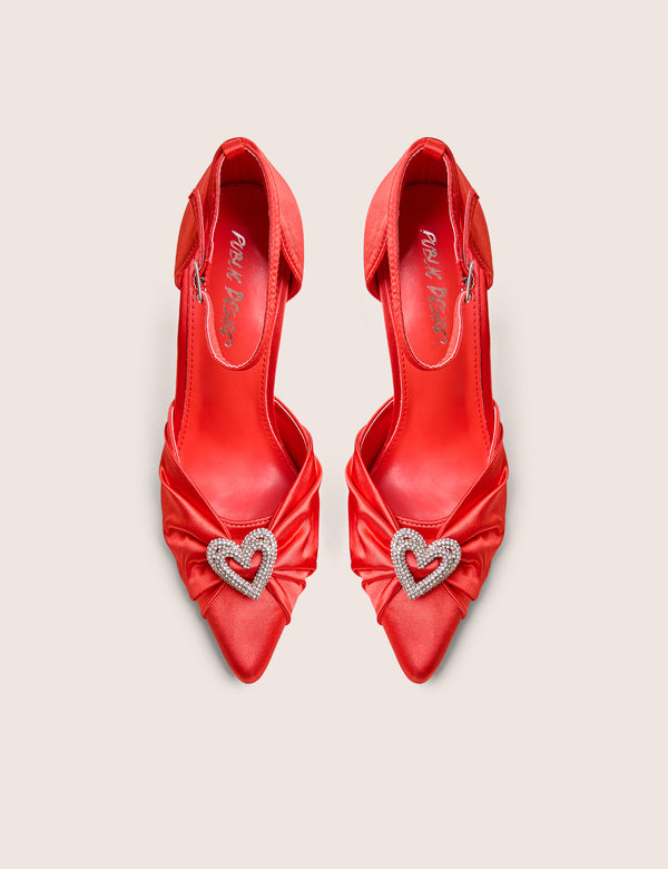 Meant to Be Red Satin Diamante Heart Court Stiletto Heel