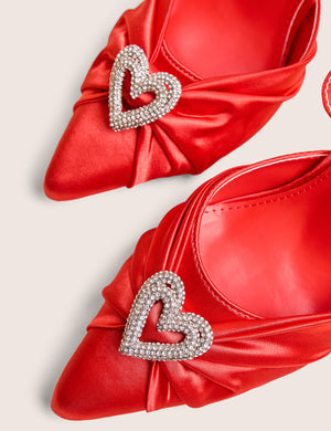 Meant to Be Red Satin Diamante Heart Court Stiletto Heel