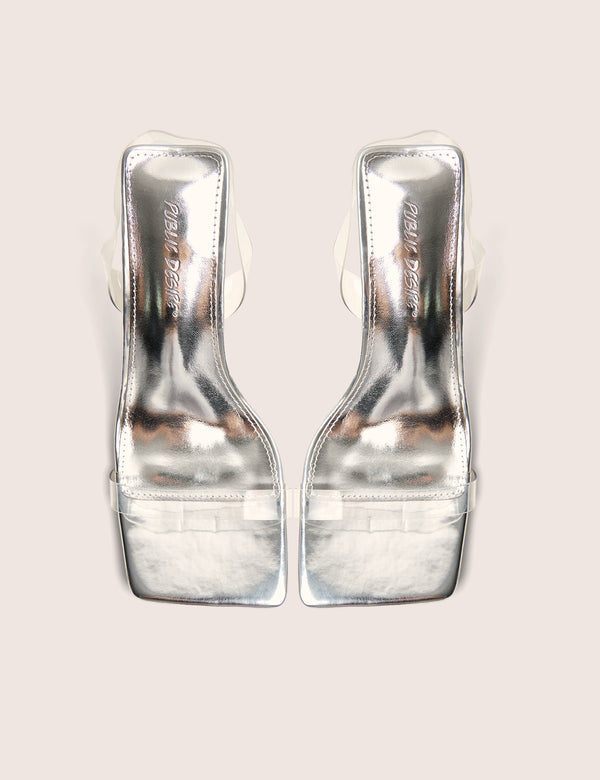 Merge Up Wide Fit Silver Perspex Square Toe Slingback Mid Heels