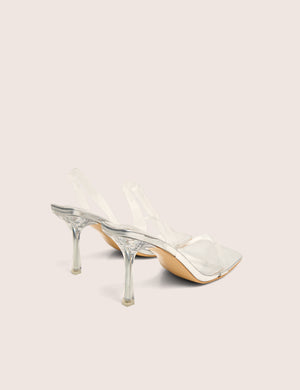 Merge Up Wide Fit Silver Perspex Square Toe Slingback Mid Heels