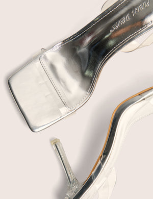 Merge Up Wide Fit Silver Perspex Square Toe Slingback Mid Heels
