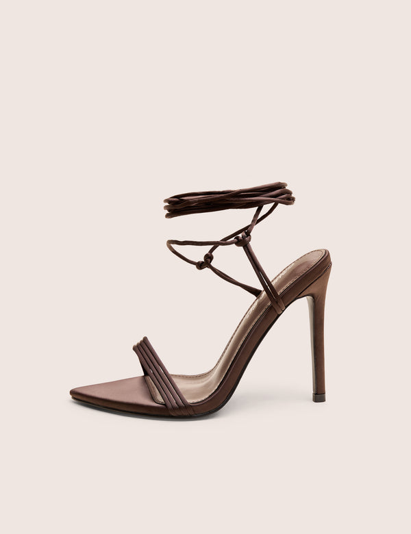Merlot Brown Satin Lace Up Wrap Around Pointed Toe Stiletto Heels