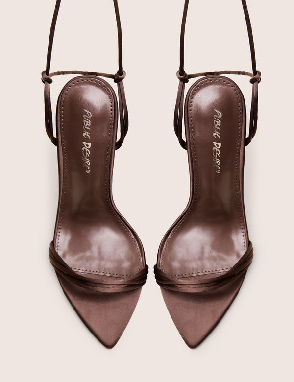 Merlot Brown Satin Lace Up Wrap Around Pointed Toe Stiletto Heels