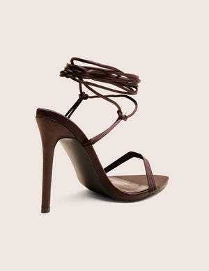 Merlot Brown Satin Lace Up Wrap Around Pointed Toe Stiletto Heels