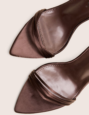 Merlot Brown Satin Lace Up Wrap Around Pointed Toe Stiletto Heels