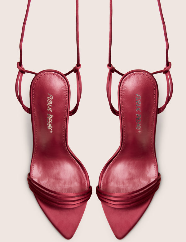 Merlot Burgundy Satin Lace Up Wrap Around Pointed Toe Stiletto Heels