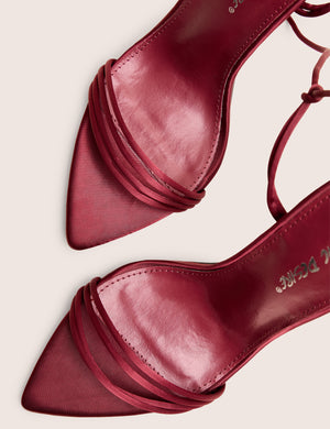 Merlot Burgundy Satin Lace Up Wrap Around Pointed Toe Stiletto Heels