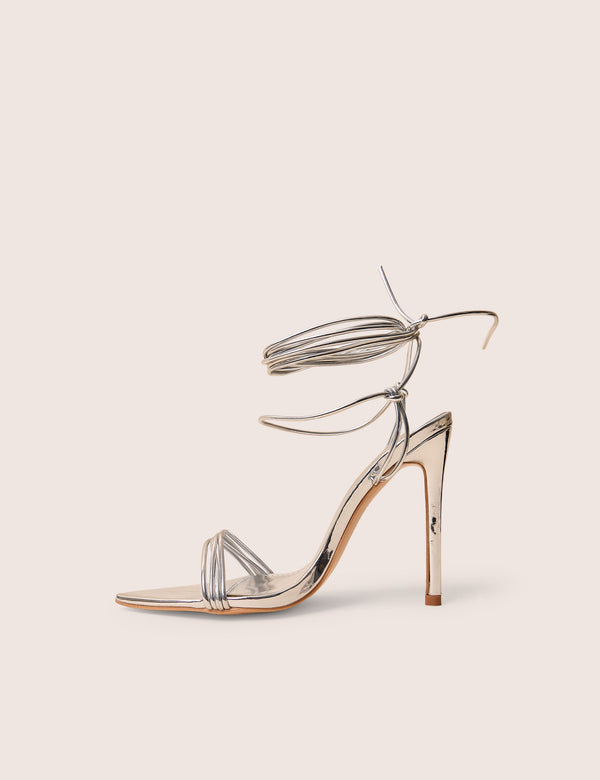 Merlot Mirror Silver Pu Lace Up Wrap Around Pointed Toe Stiletto Heels