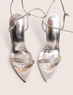 Merlot Mirror Silver Pu Lace Up Wrap Around Pointed Toe Stiletto Heels