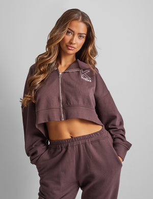 Kaiia Slogan Zip Through Cropped Hoodie Brown