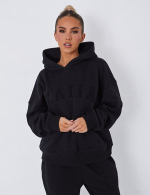 Kaiia Slogan Oversized Hoodie Black on Black