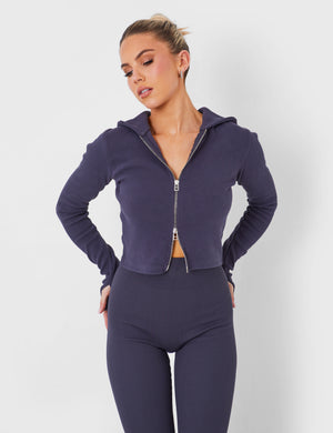 Kaiia Rib Zip Through Hoodie in Dark Grey